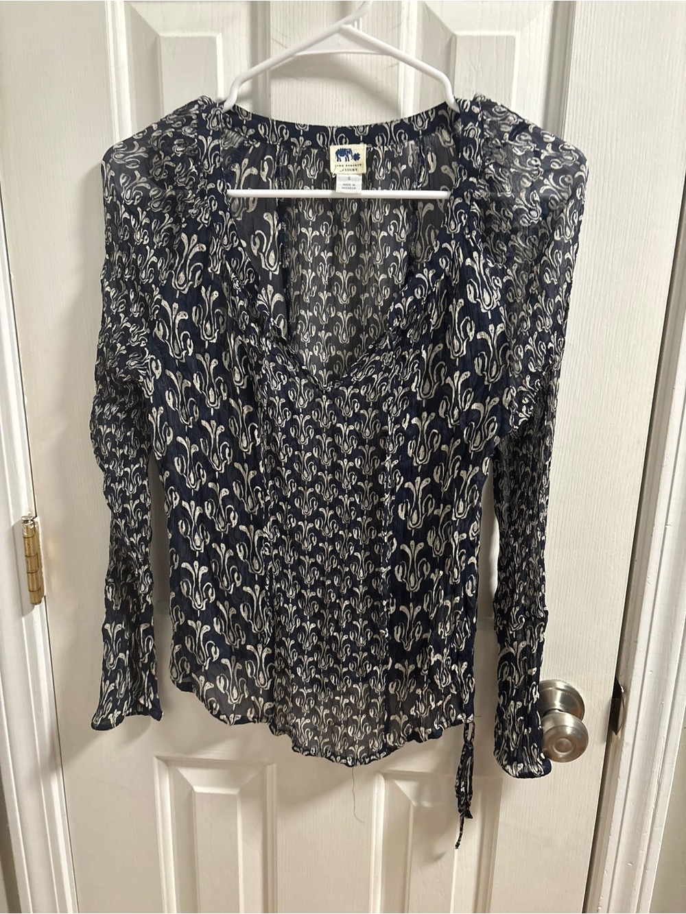 John Robshaw for Lucky Brand Blue White Block Print Crinkle Sheer Blouse Small